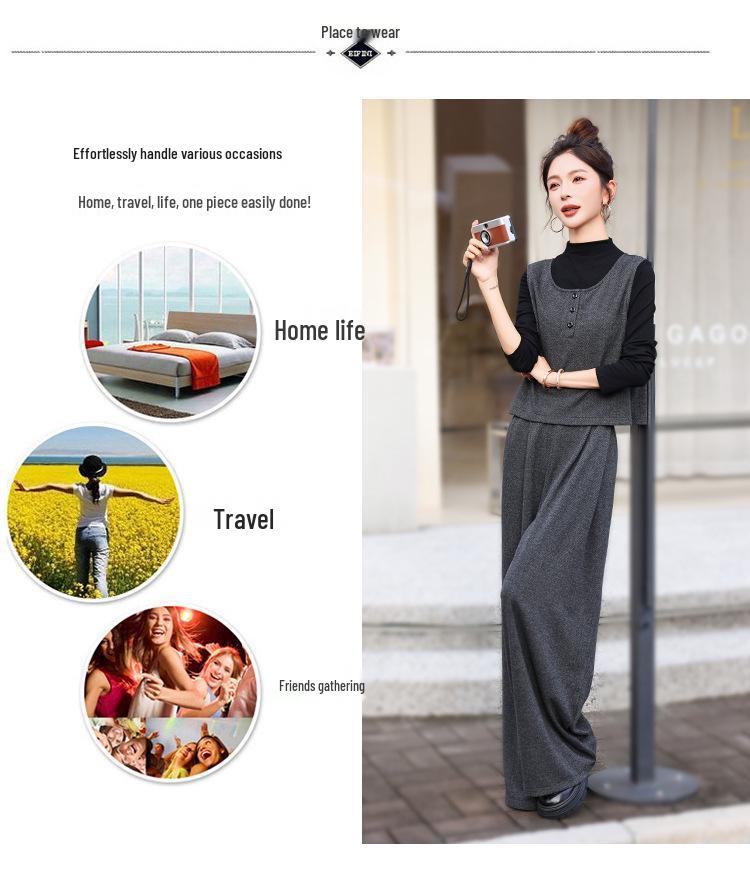 2026 Spring Women's Trendy Three-Piece Set: Stylish Top, Vest & Wide-Leg Pants