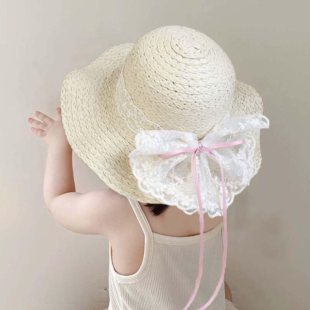 

Lace Brim Girls Bucket Hat Sweet Woven Handbag Comfortable Bowknot Straw Sun Hat Beach Beige Bag