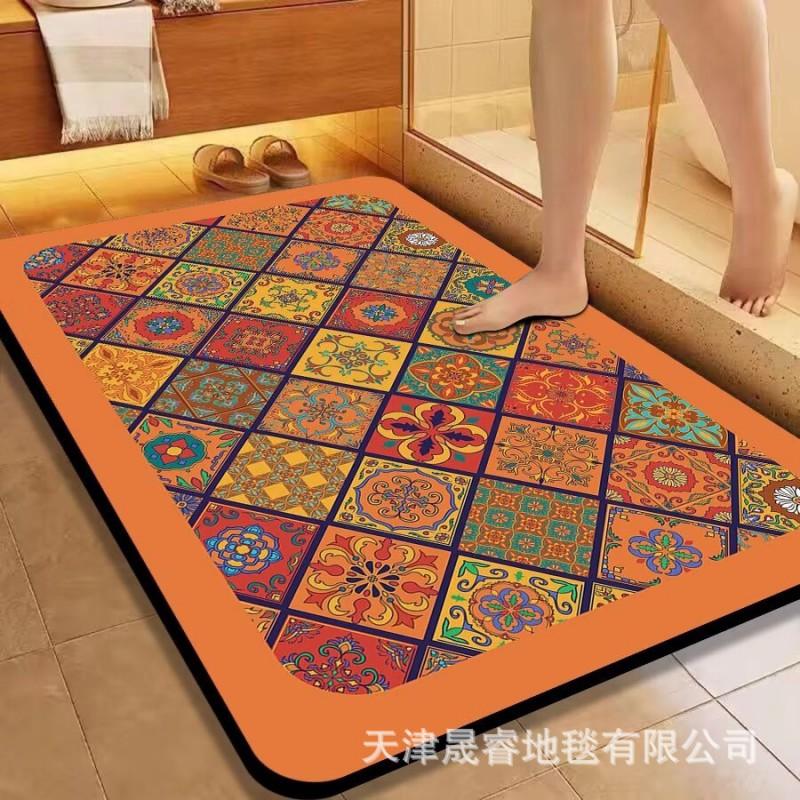 Classic European Style Bath Mat Non-Slip Absorbent Floor Rug Bathroom Entryway Hallway Square Shape