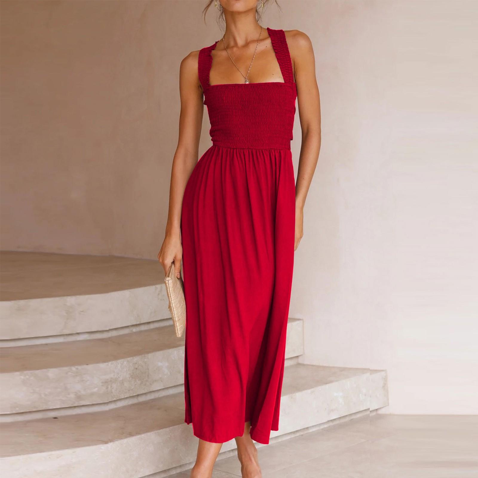 

Женская летняя мода повседневное сплошной цвет жилет миди платье висячие платья с завязками на шее S красный