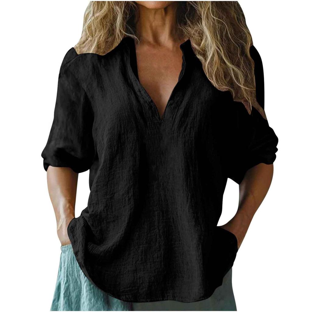 Women's Fashion Casual V-Neck Cotton-Linen Blend Shirt Loose-Fit Short-Sleeve Top