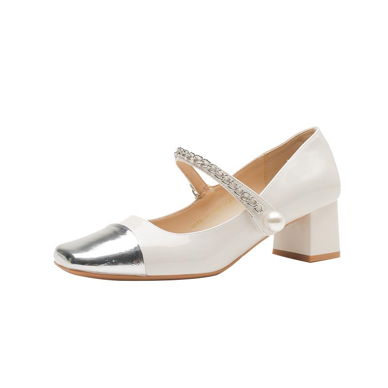 H978-51 New Square Head Color Matching Women's Shoes Mary Jane Women's Word with Thick Heels College Style Shoes Sheepskin Insoles