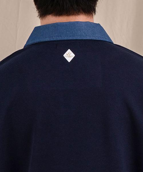 Ellamo French Terry Two-Button Denim Collar Oversized Sweatshirt [Navy]