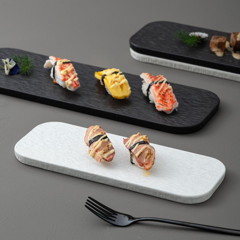 Black White Solid Color Rock Grain Restaurant Rectangular Plate Ceramic Long Plate Sashimi Plate Inventory Heart Sushi Utensils