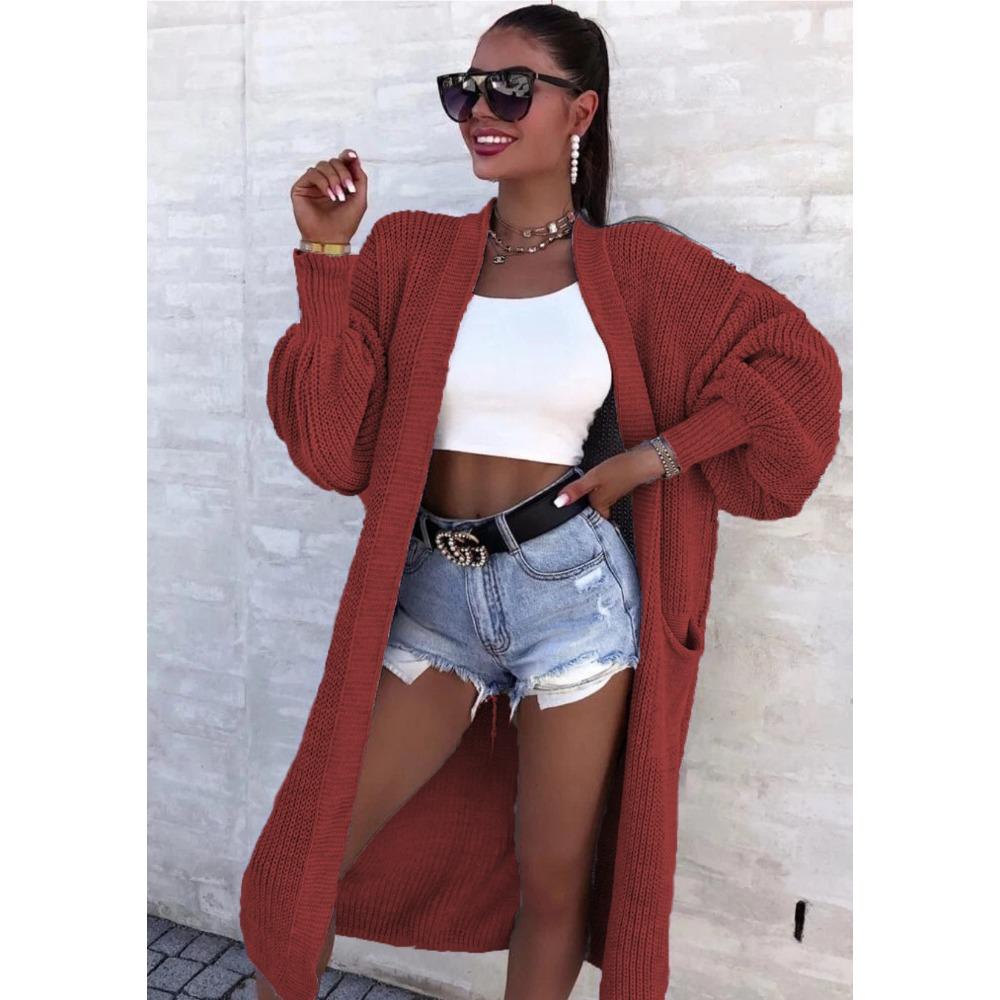 Chun-needle Knitted Sweater for Autumn and Winter Women's Outerwear, Solid Color Large-sized Long Pocket Cardigan Coat