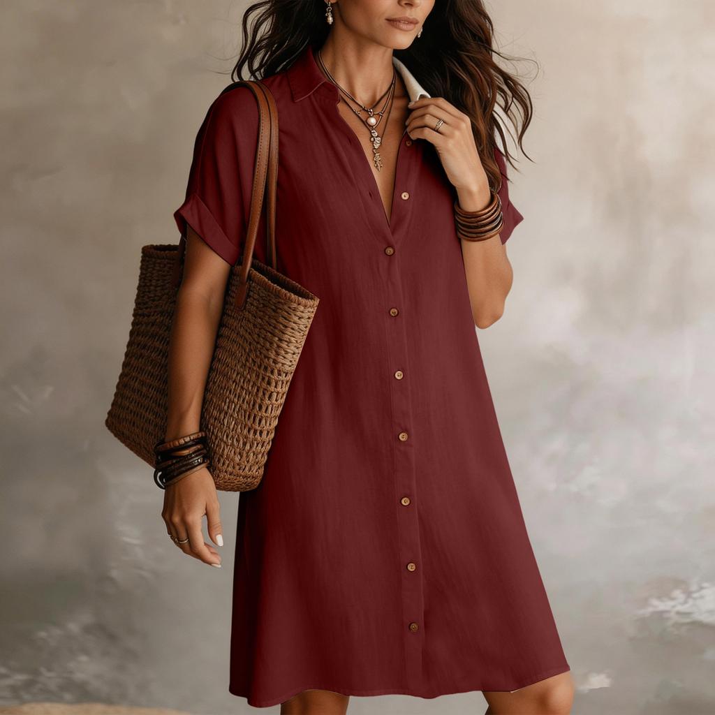 Loose Fit Button Down Shirt Dress Short Sleeve Casual Collar Design Lightweight Fabric Knee Length