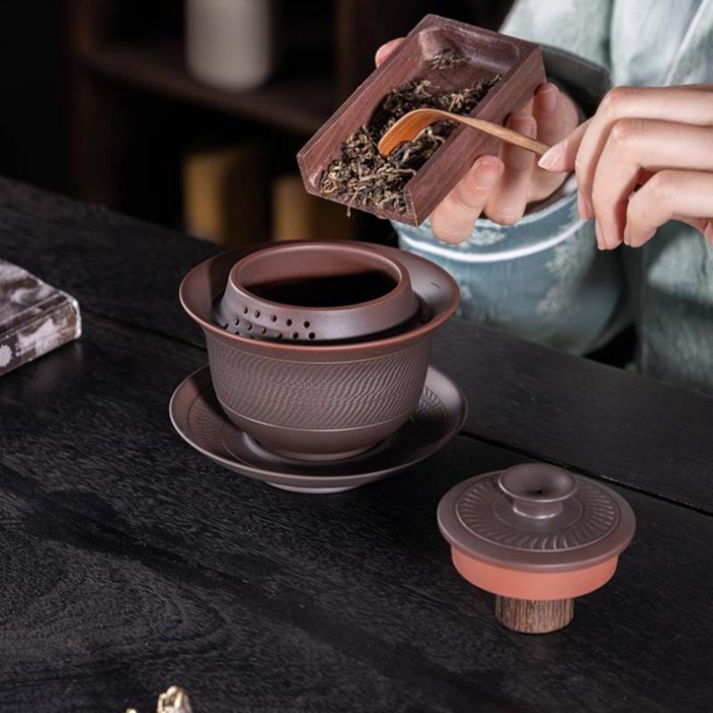 Jianshui Purple Pottery Gaiwan Ceramic Handmade Household Kung Fu Tea Set Tea Bowl Tea Cup Tea Maker Tea Ceremony Tea Tureen
