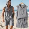 Men's New Summer 2pcs Set, Top: Hooded Sleeveless Button-Up Shirt + Bottom: Loose Drawstring Shorts, Casual Sportswear Set