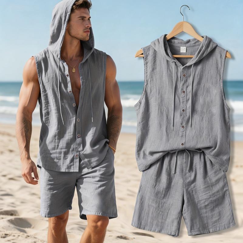 Men's New Summer 2pcs Set, Top: Hooded Sleeveless Button-Up Shirt + Bottom: Loose Drawstring Shorts, Casual Sportswear Set