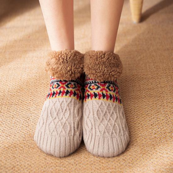 1 Pair Winter Floor Socks Thickened Fuzzy Plush Jacquard Warmth Retention Anti-slip Sole Leg Warmer Fall Winter Floor Socks Holiday Gift