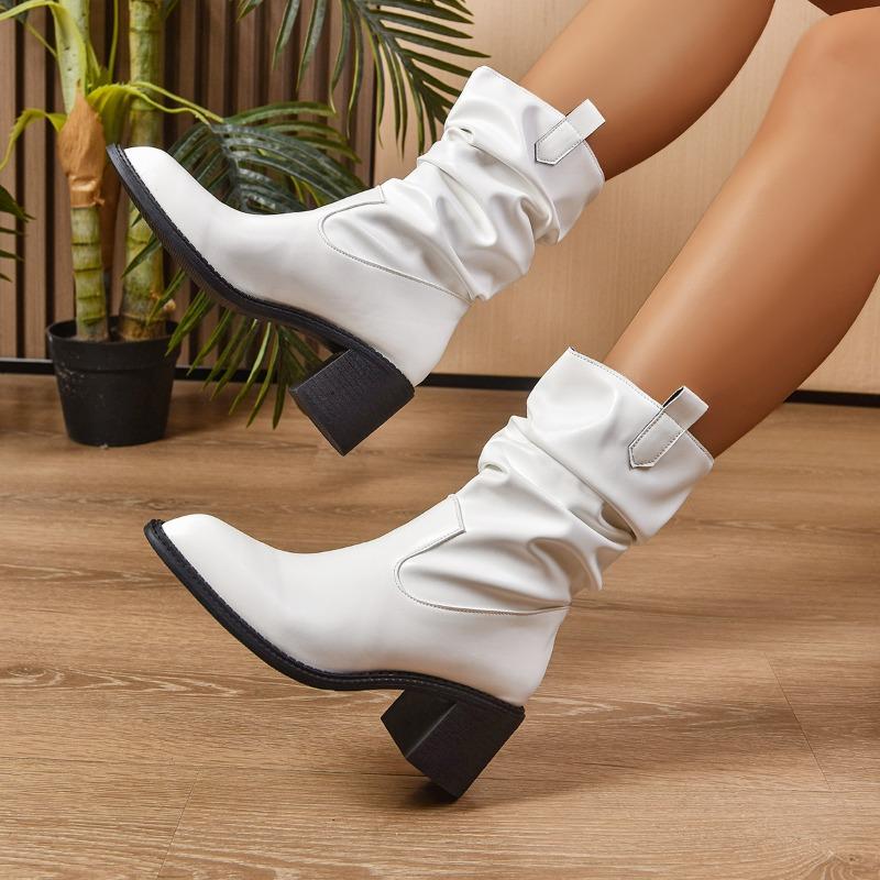 Fashion European and American Booties Winter New Block Heel Black Pointed Toe Women's Mid-leg Boots