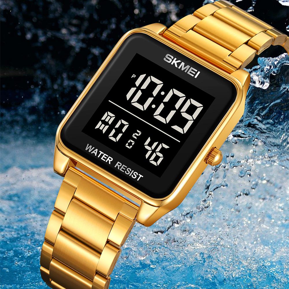 SKMEI 2154 Stainless Strap 3Bar Waterproof Digital Fashion Square Sport Men's Watches Top Brand LED Electronic Luxury Wristwatch