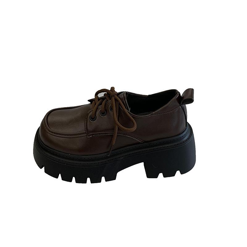 thick-soled brown small leather shoes for women in spring 2025, new lace-up British style versatile loafers, height-increasing single shoes for women