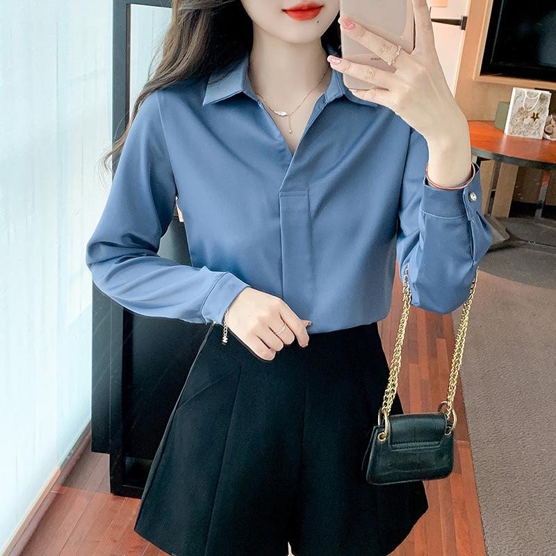 2026 Spring Elegant Women s Blue Satin Square Neck Long Sleeve Shirt XL синий