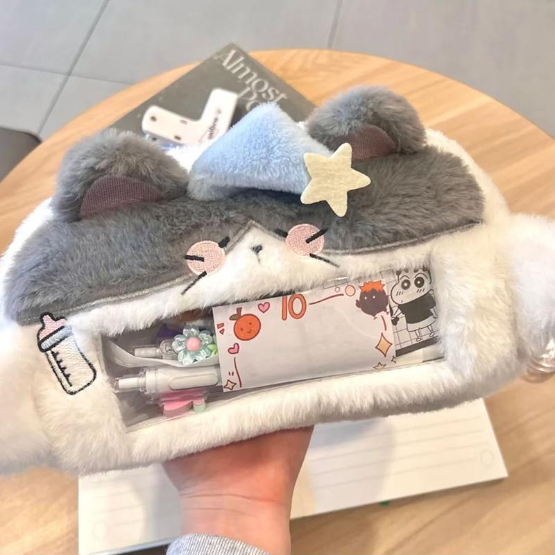 Plyšová kočka Průhledné pouzdro na tužky Velkokapacitní organizér na psací potřeby Taška na pera Mini kosmetická taštička Úložná taška na drobnosti