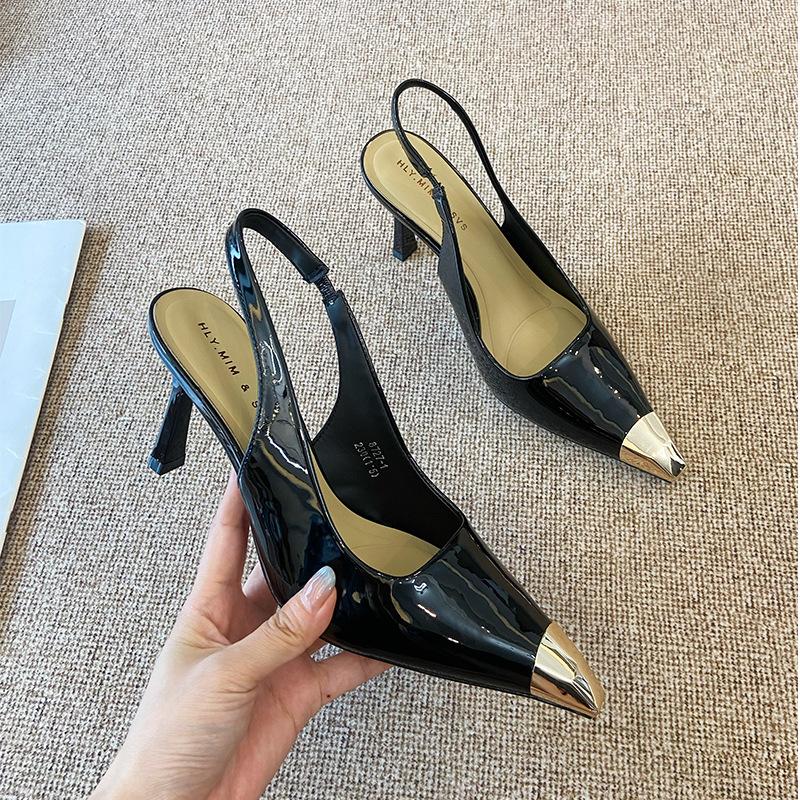 G8727-1 Baotou High Heels Women's 2025 Summer New Metal Square Head Thin Heel Black Sandals Imperial Sister Single Shoes