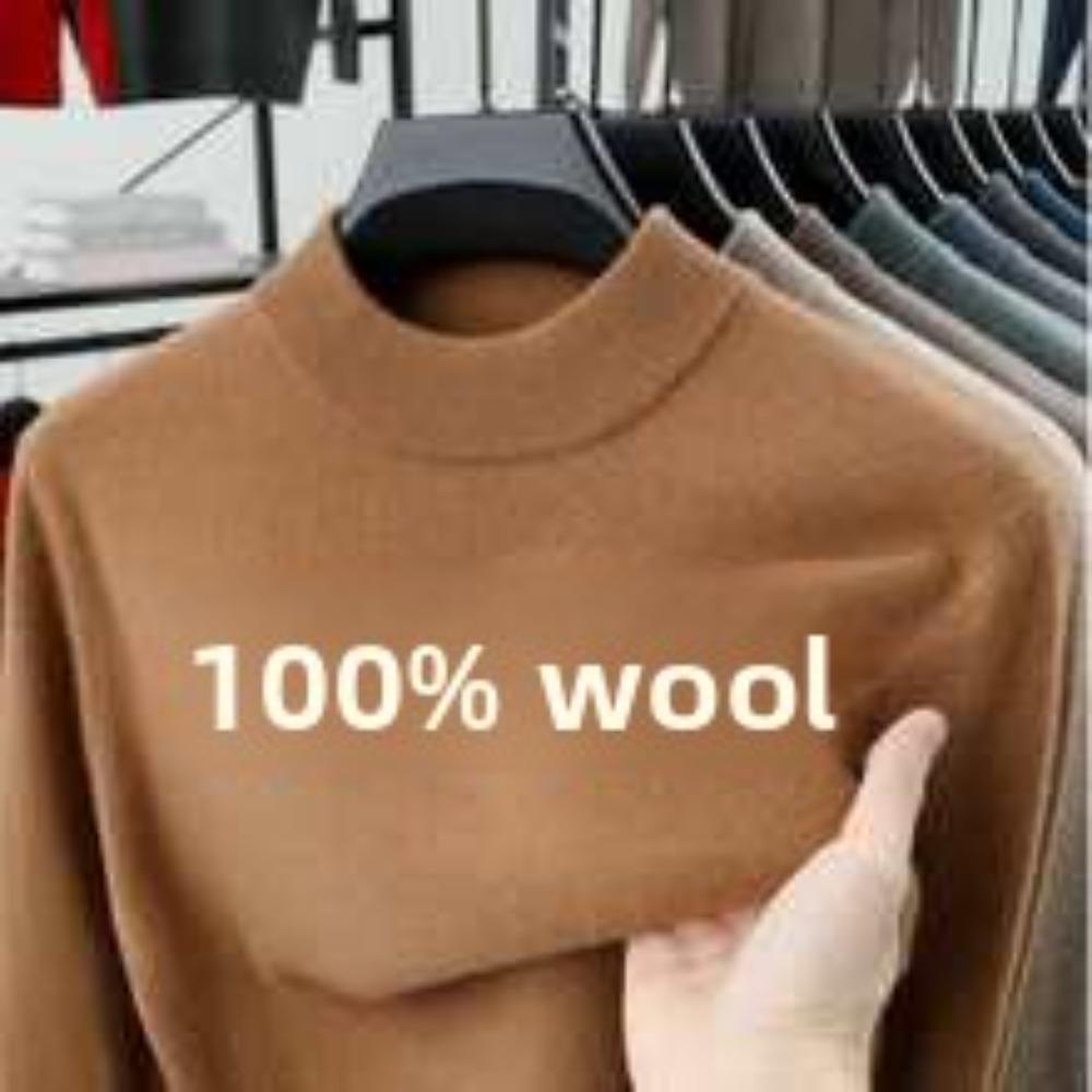 Men 100% Pure Wool Half Turtleneck Sweater, Warm Solid Knit Jumper for Autumn Winter Daily Wear
