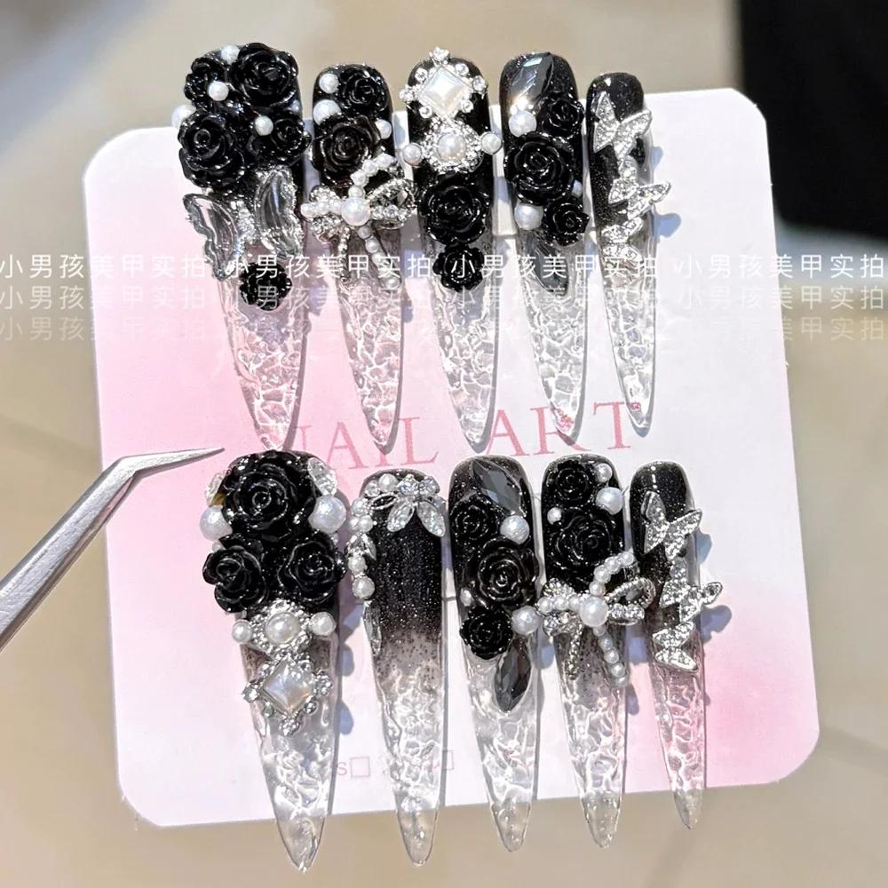 10Pcs Luxury Handmade Long Stiletto Press On Nails 3D Sparkling Diamond Bow Pearl Flower Full Cover Fake Nails