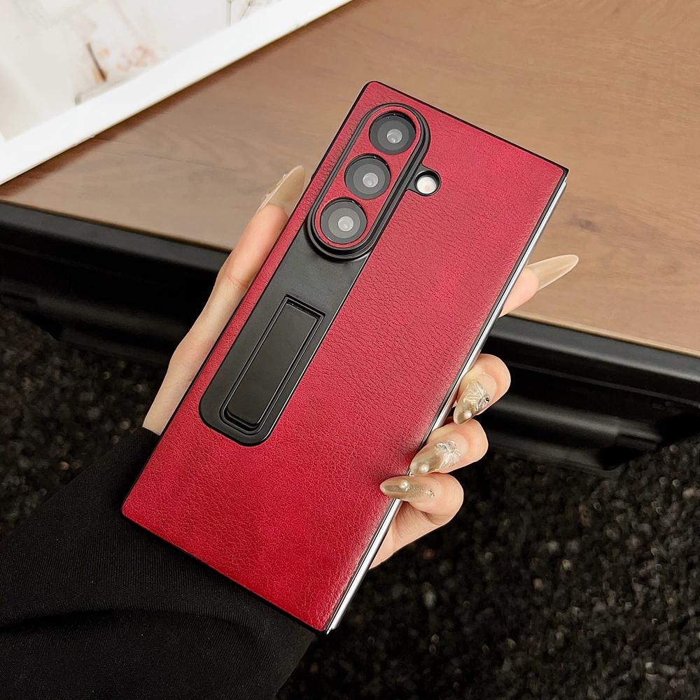 Samsung Galaxy Z Fold 7 6 5 4 3 Zfold6 Pu Leather Invisible Bracket Holder Cover Z Fold7 5G Luxury Suede Pattern Phone Case