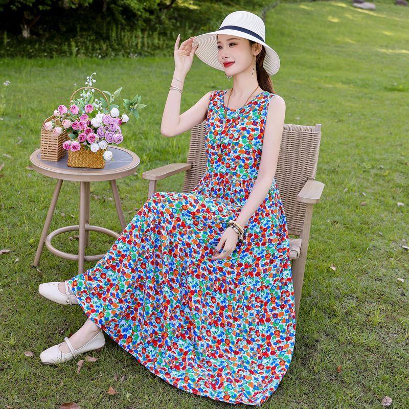 Sommer Fließendes Baumwollkleid Ärmellos Junge Frauen Strand Langes Kleid Urlaubs-Sommerkleid