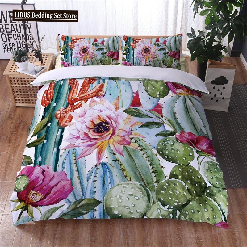 Green Cactus Potted Duvet Cover Set King Size Polyester Comforter Cover Cartoon Green Plant Cute Kawaii For Kid Boy Bedding Set