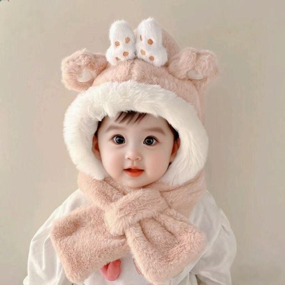 2-in-1 Hooded Scarf Keep Warm Winter Children's Hat Cute Scarf Hat Set  for Boys Girls