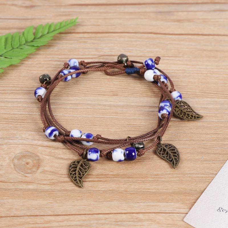 Vintage Bohemian Ceramic Bracelet Girl Sweet Bell Leaf Versatile Waist Chain Multi-circle Bracelet Jewelry