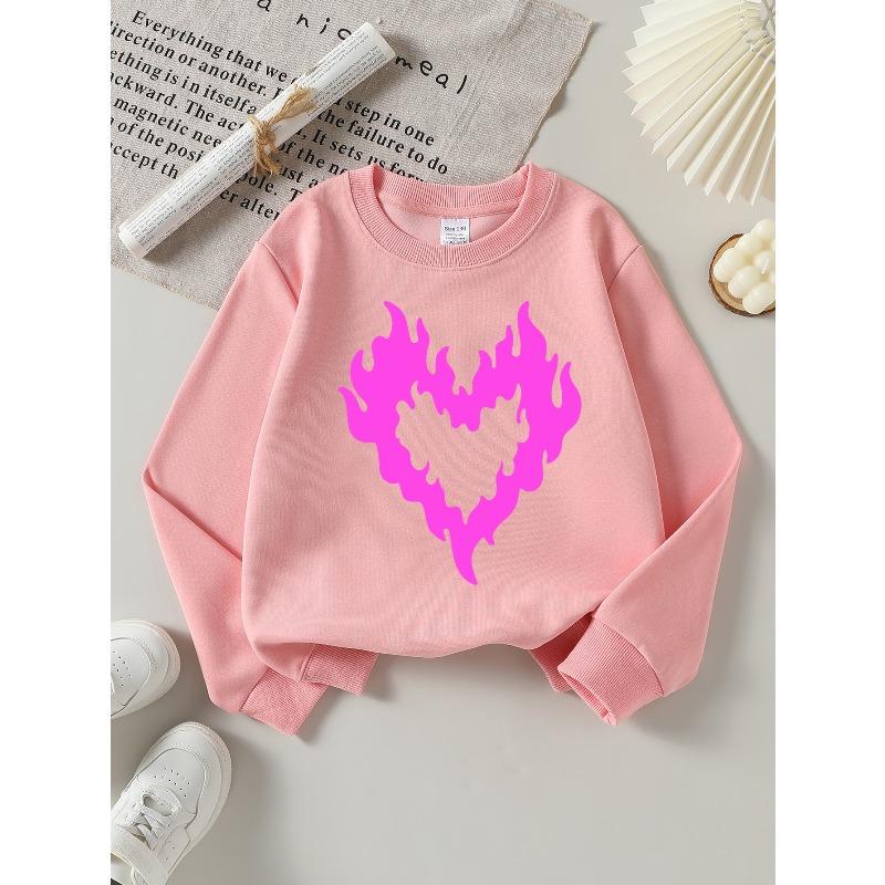 European sizes Girls Pink Flame Heart Crewneck Sweatshirt, Western Style Soft Comfortable Long Sleeved Casual T-Shirt