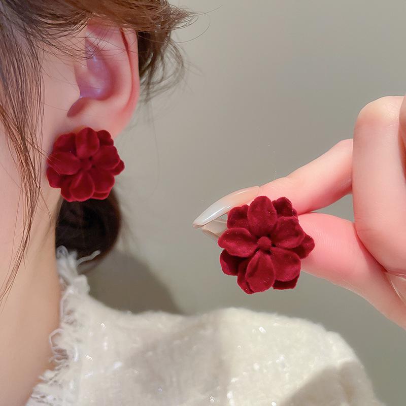 Silver Needle Red Bow Flower Earrings - Light Luxury Christmas & Holiday Studs, Autumn Winter Jewelry