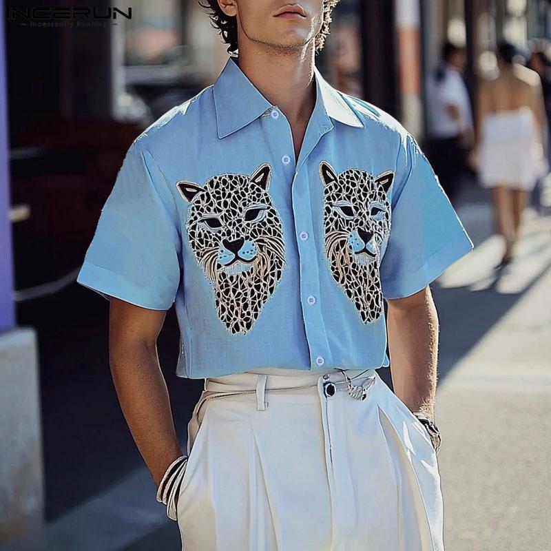 INCERUN Oversized Men Lapel Neck Button Down Print Casual Shirts