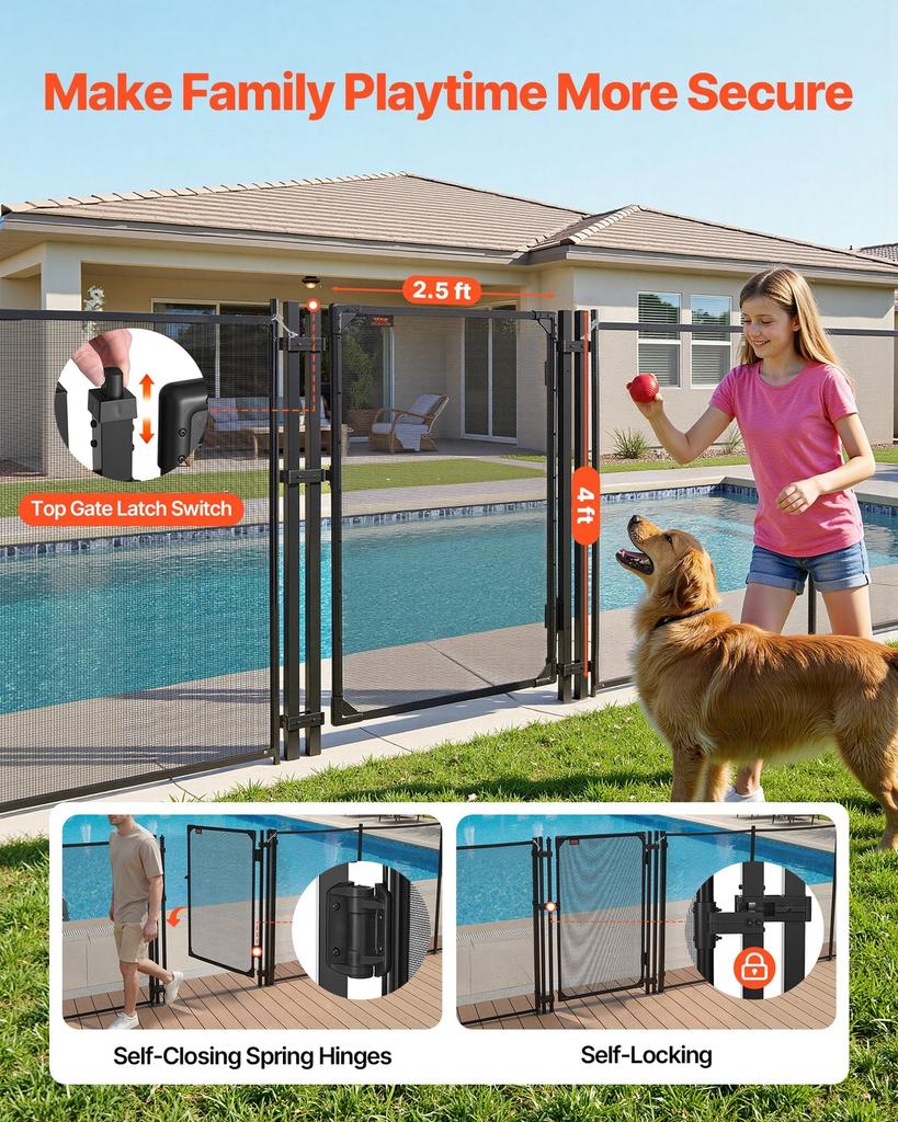 Pool Fence Gate, 1.2 x 0.75 m Inground Swimming Pool Fences Gate, Outdoor Security Fencing Door Kit with Self-Closing and Self-Locking Design, 352 gsm