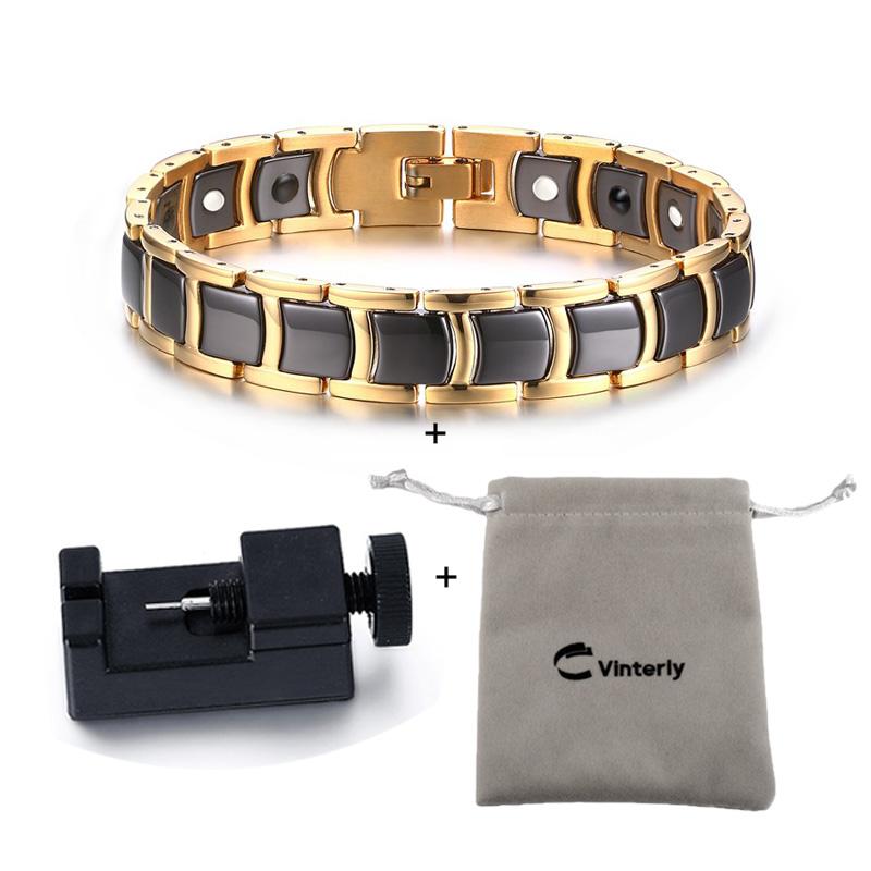 Vinterly Steel Magnetic Bracelet Male Black Ceramic Health Energy Germanium Men Hand Chain Link Gold-color Jewelry Waterproof