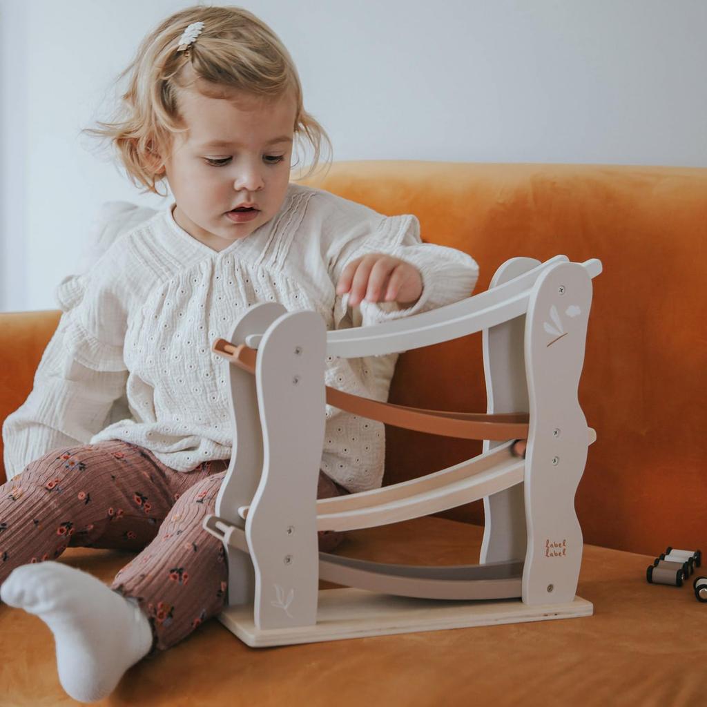 Edute Slope Toy: Cars slide down a slope, fostering concentration and predictive skills. LabelLabel Car Slider Wooden Car Toy for 1-2 year olds, Birth