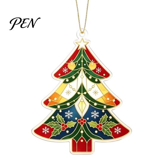 Lightweight Tree Pendant with Lanyard 2D Flat Acrylic Christmas Ornament, Vintage Stained Waterproof Souvenir Gift Glass Style Hanging Pendant,