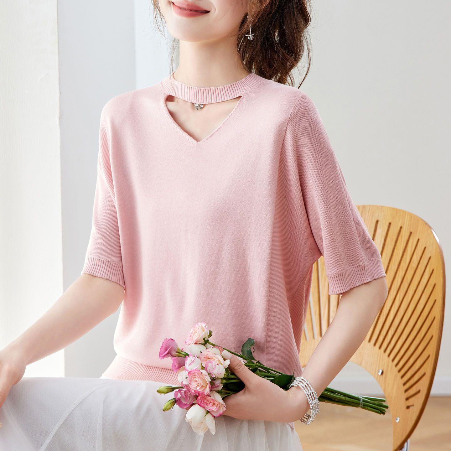 

Women s Hollow Solid Color Knitted Short Sleeved T-shirt Summer Thin Ice Silk Knitted Sweater Plus Size Top 2XL
