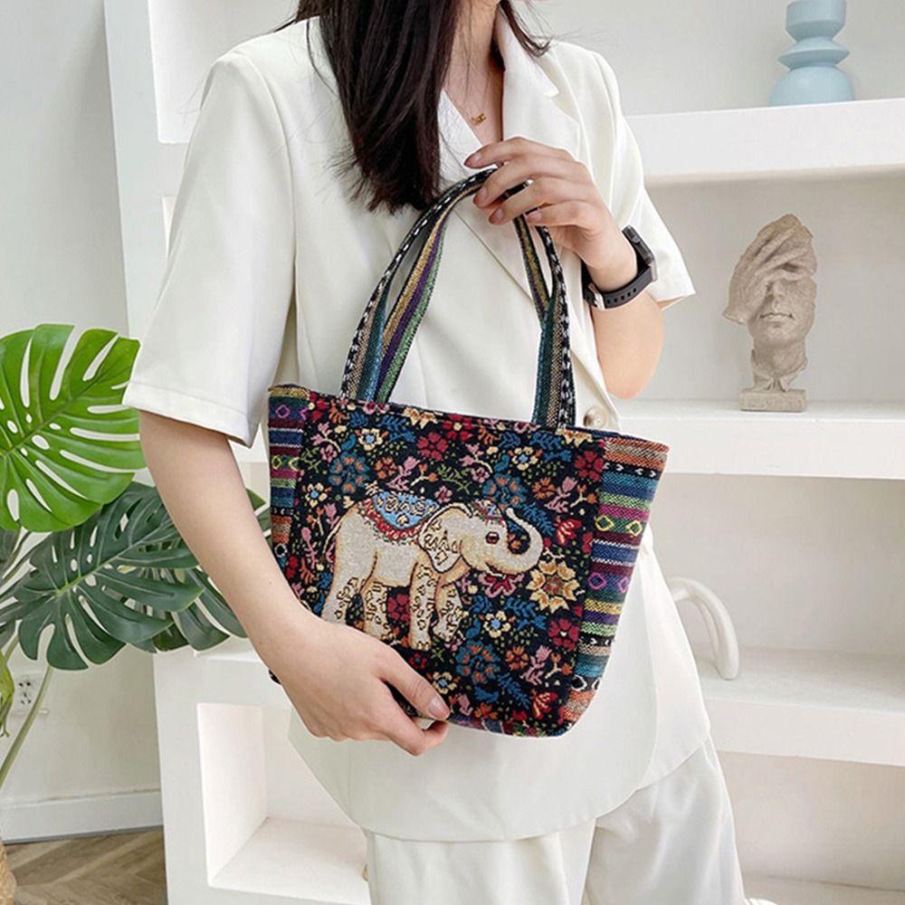 Peacock Canvas Tote Bag Embroidery Elephant Handbag Simple Ethnic Style Handbag  Grocery Handbags