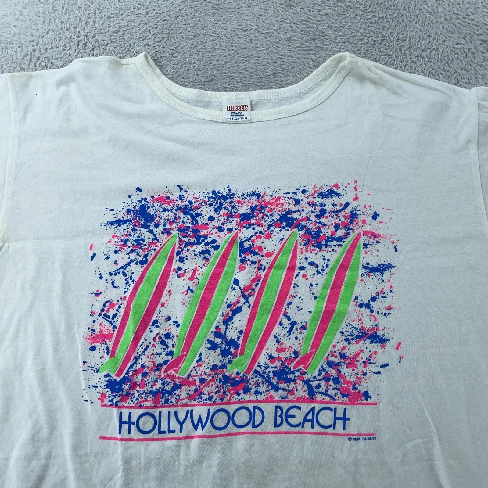 

Vintage Hollywood Beach T-Shirt Mens XL/XXL Florida Neon Surfboards Surf USA 80s M