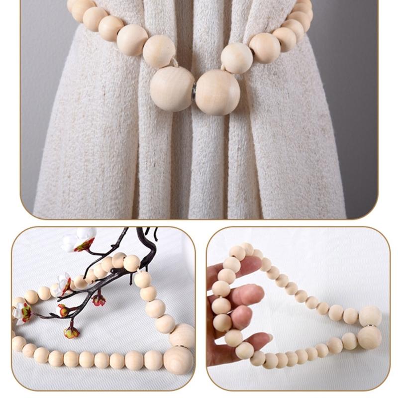 Magnetic Curtain Holdback, Wooden Beaded Drapes Tieback for Neat Window Styling in Bedroom, Study, or Living Room