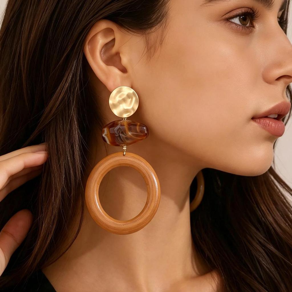 Resin Round Hollow Circle Coffee Color Luxury Earrings for Women