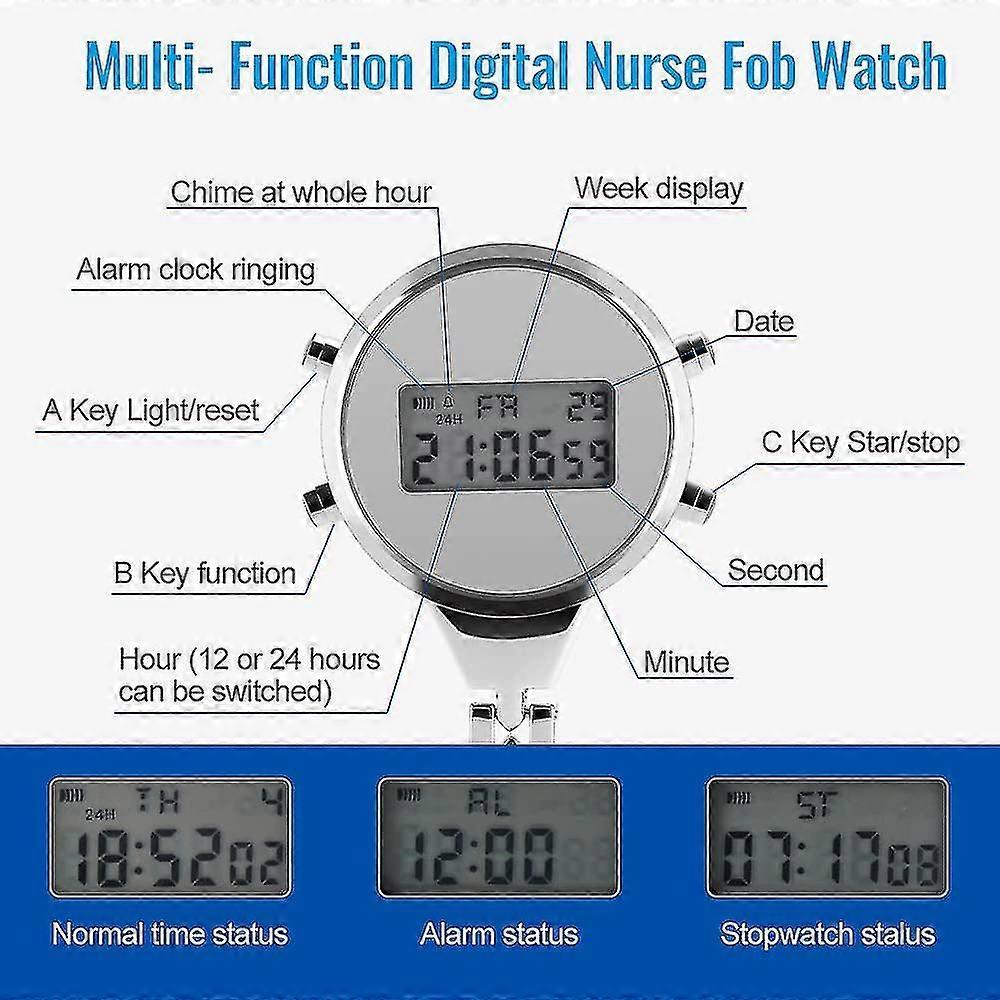 Nurse Pocket Watch, Multifunction Digital Nurse Watch Brooch Pin Nurse Watch With Luminous Calendar