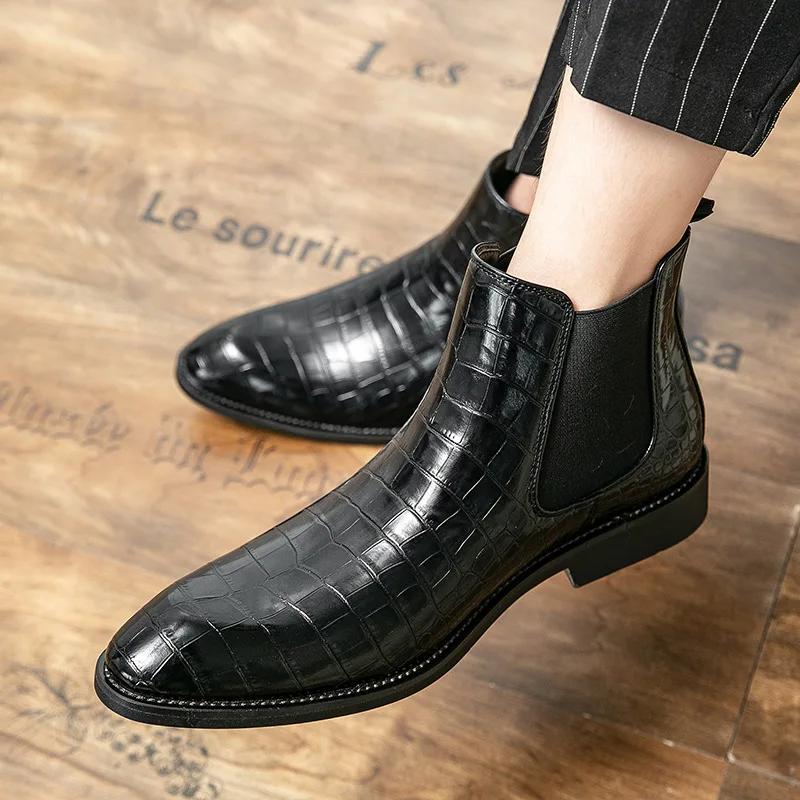 Pánské boty Chelsea Boty Black Pu Kotníkové boty Pánské trendy špičaté boty Chelsea Boot Business s kulatou špičkou Nazouvací pánské boty pro volný čas
