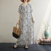 Summer new cotton and linen literary and retro loose and thin V-neck vertical striped robe dress women