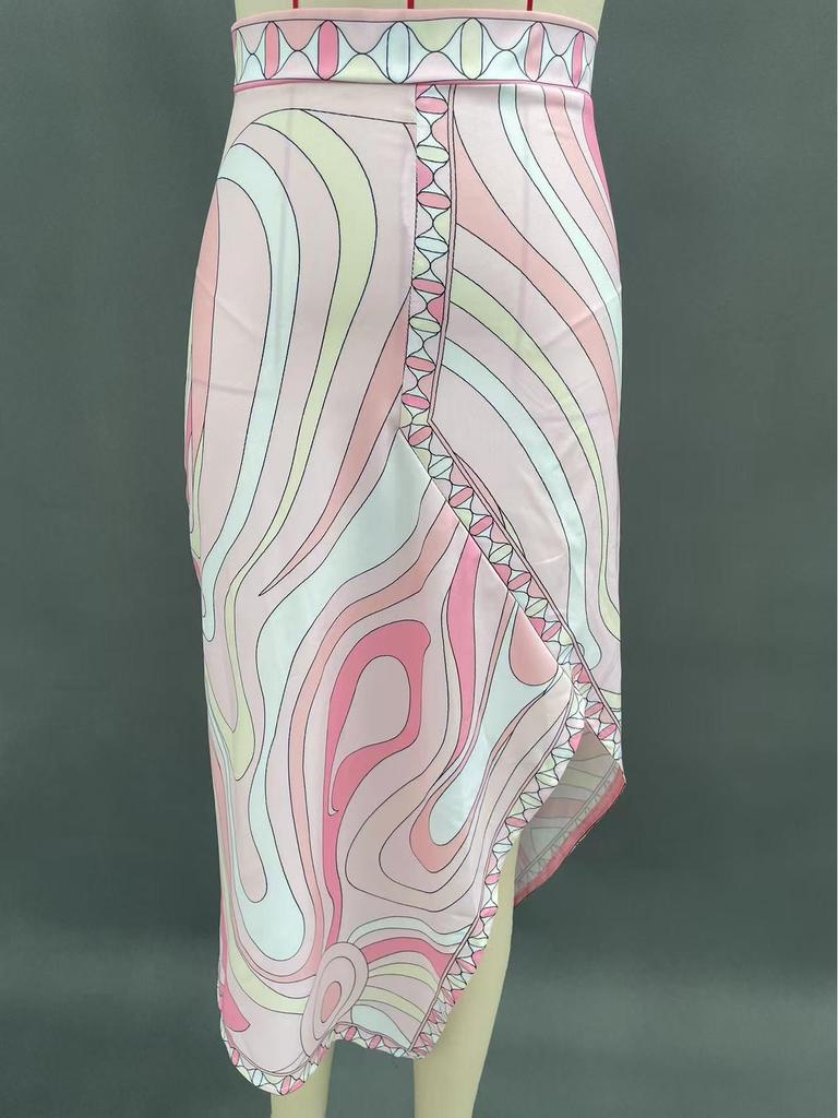 2026 Summer Satin Print Tie-Up Two-Piece Skirt and Top Set for Women.