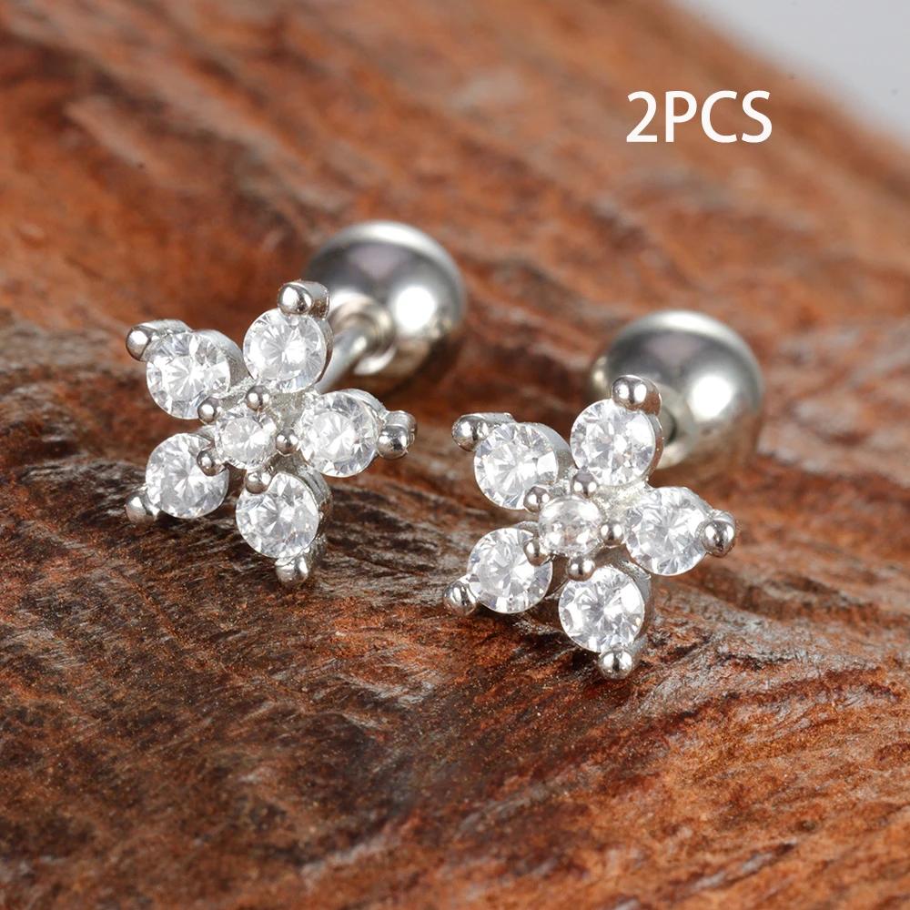 3PCS Fashion Stainless Steel Zircon Flower Stud Earrings Set for Women Double Hole Chain Helix Tragus Cartilage Piercing Jewelry