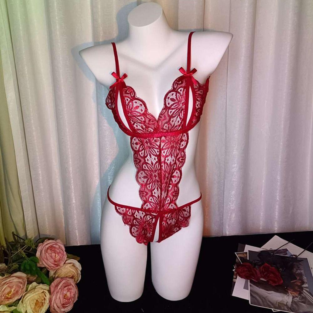 Mesh Hollow Women Lingerie Transparent Lace Sling Nightwear Lace Bow Bodysuit Home