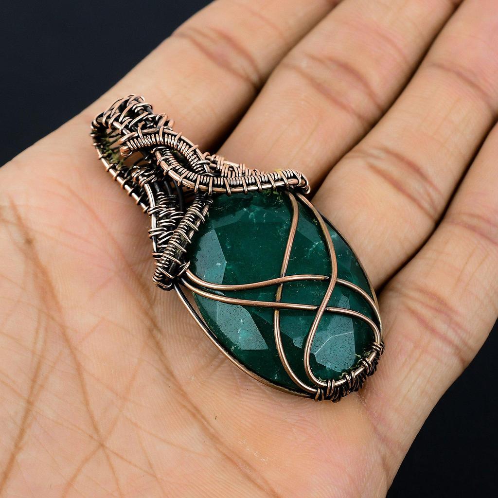 Emerald Pendant, 999 Copper Wire Wrapped Pendant Gemstone Jewelry, Handmade Pendant Amazing Jewelry, Gift For Her