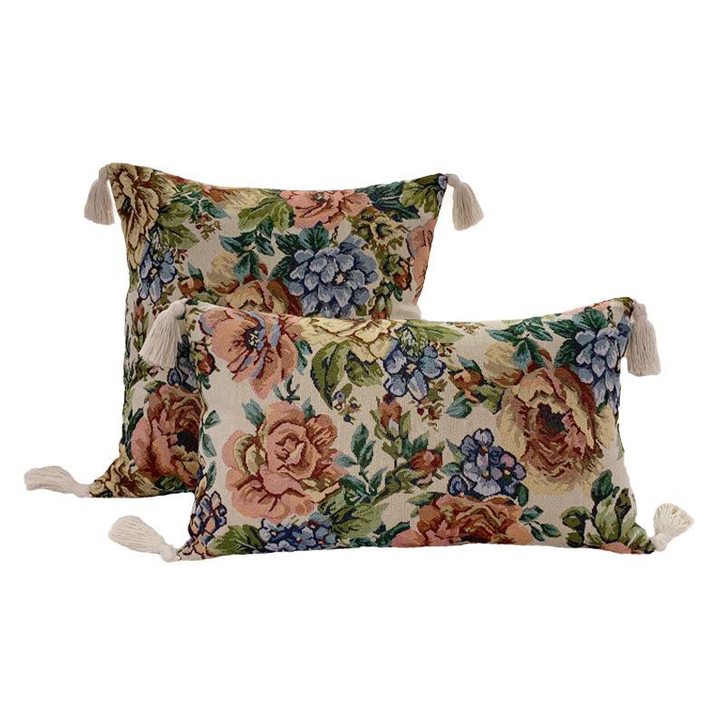Retro European Style Cotton Linen Flower Cushion Pillowcase Living Room Sofa Backrest High Precision Jacquard Cushion Cover