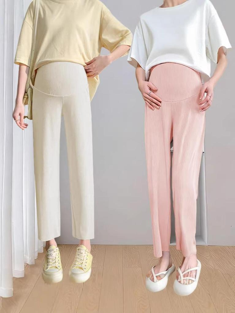 Fashionable Plus Size Maternity High-Waisted Ice Silk Summer Pants with Tummy Support
