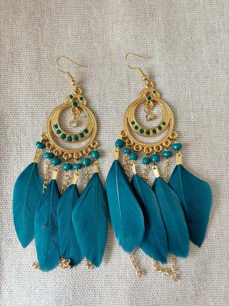 Vintage Bohemian Feather Tassel Earrings Exaggerated Ethnic Vacation Dangle Ear Jewelry Fashion Accessories For Women