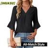 Moda Femenina Casual Estampado de Color Sólido Cuello en V Mangas 3/4 Blusas y Camisas